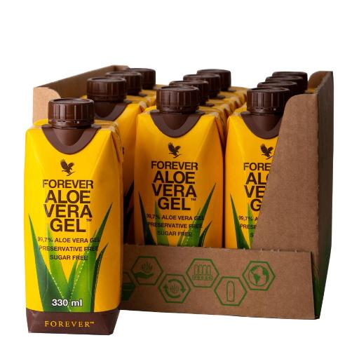 12-pakning med Forever Aloe Vera Gel mini 330ml hos Økohjørnet.no – praktisk og sukkerfri Aloe vera-drikk i Tetra Pak.