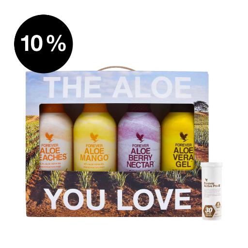 Forever Aloe Combo pakke med 4 flasker Aloe vera juice og en boks Active Pro-B melkesyrebakterier hos Økohjørnet.no.