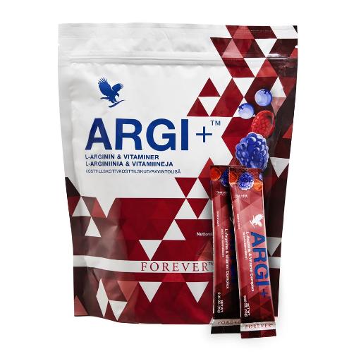 ARGI pluss porsjonspakning og boks med L-arginin pulver og vitaminer fra Økohjørnet.no.