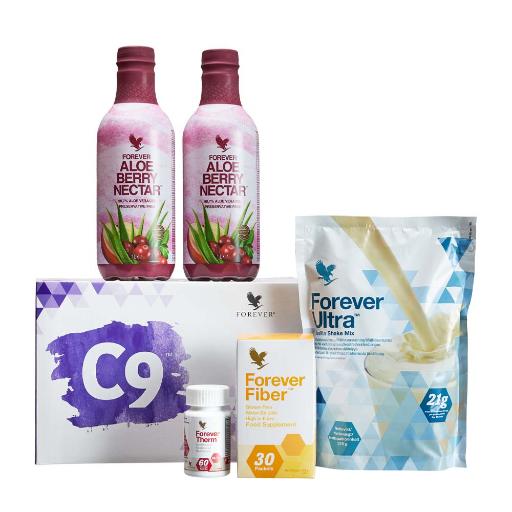 Komplett boks med C9-programmet fra Forever hos Økohjørnet.no – inneholder Aloe Vera Gel, proteinshake, Therm og Fiber for en sunnere livsstil.