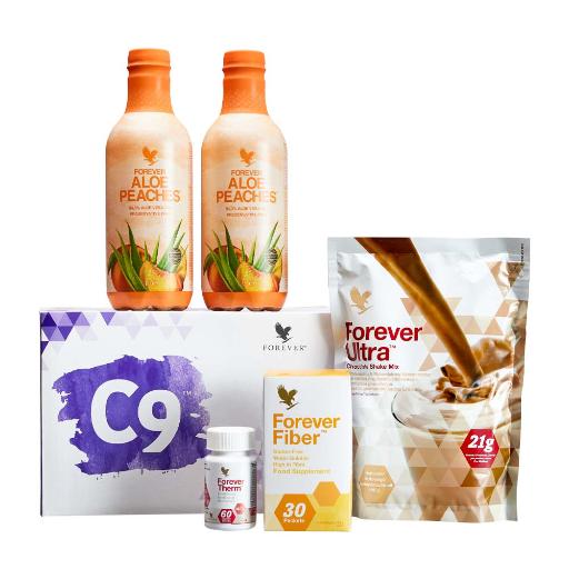 Pakke med diverse aloe vera produkter, med forever peaches