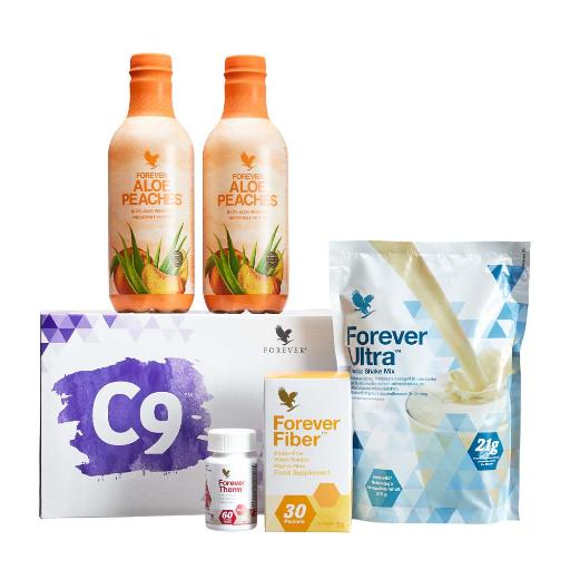Pakke med diverse aloe vera produkter, med forever peacher