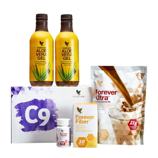 Komplett boks med C9-programmet fra Forever hos Økohjørnet.no – inneholder Aloe Vera Gel, proteinshake, Therm og Fiber for en sunnere livsstil.