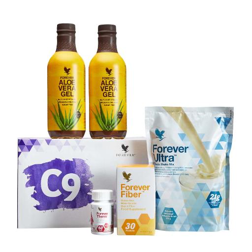 Komplett boks med C9-programmet fra Forever hos Økohjørnet.no – inneholder Aloe Vera Gel, proteinshake, Therm og Fiber for en sunnere livsstil.