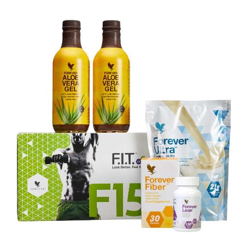 Boks med F15-programmet fra Forever hos Økohjørnet.no – inkluderer proteinshake, Aloe vera-gel, fiber og krom-tilskudd for en sunnere livsstil.