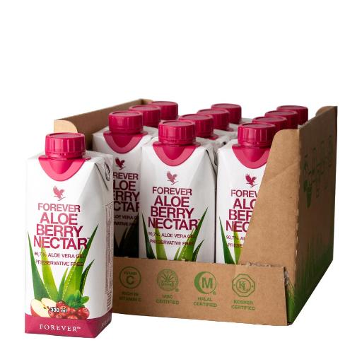 12-pakning Forever Aloe Berry Nectar 330ml mini hos Økohjørnet.no – frisk Aloe vera-drikk med tranebær og eple i miljøvennlig Tetra Pak.