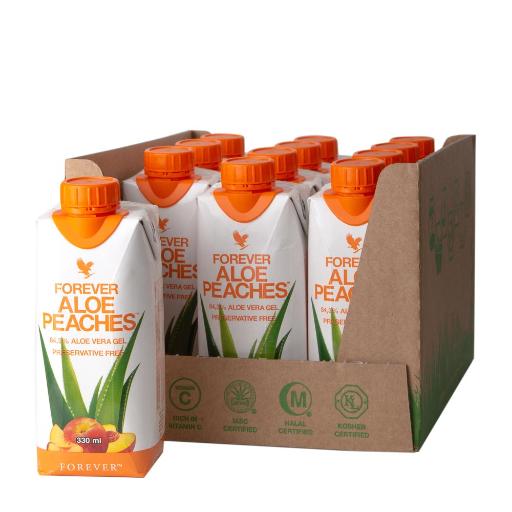 12-pakning Forever Aloe Peaches mini 330ml hos Økohjørnet.no – søt og barnevennlig Aloe vera-drikk med fersken i miljøvennlig Tetra Pak.