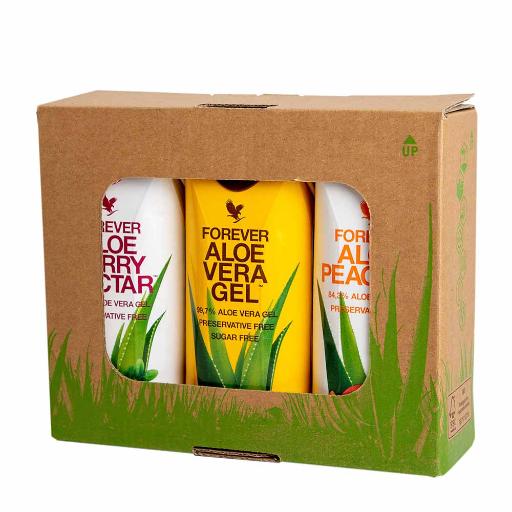 Gavepakke med tre Forever Aloe Vera-drikker i smakene Naturell, Berry Nectar og Peaches hos Økohjørnet.no – 330ml Tetra Pak.