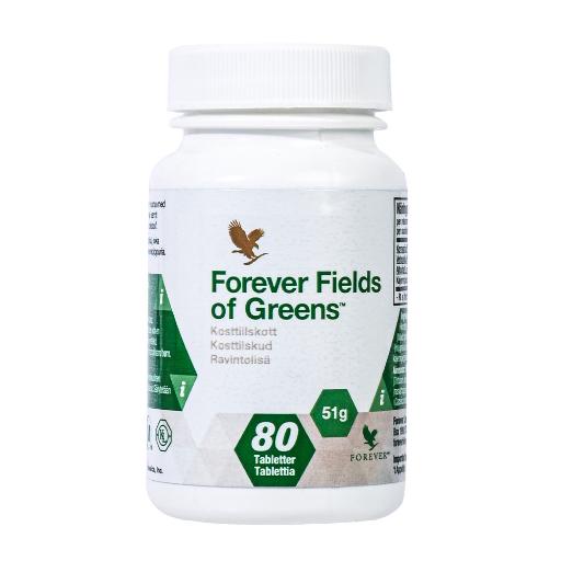 Hvit boks med Forever Fields of Greens tyggetabletter – grønt kosttilskudd med hvetegress, byggress og alfalfa hos Økohjørnet.no.