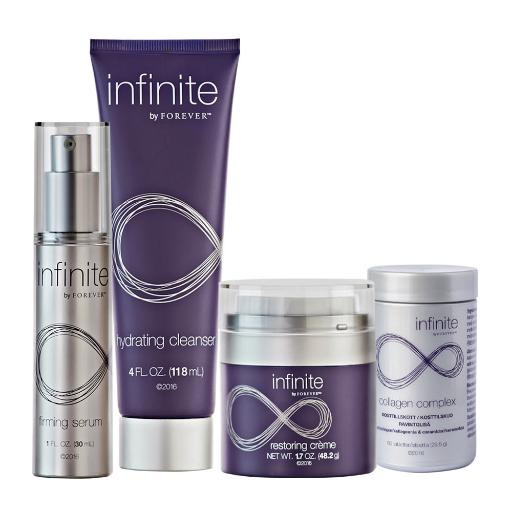 infinite by Forever hudpleieserie – luksuriøst sett med rens, serum, ansiktskrem og kollagentilskudd hos Økohjørnet.no.