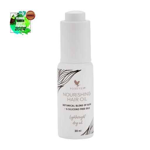 Flaske med Nourishing Hair Oil fra Forever – silikonfri hårolje med pipette, jojoba og abessinsk olje hos Økohjørnet.no.