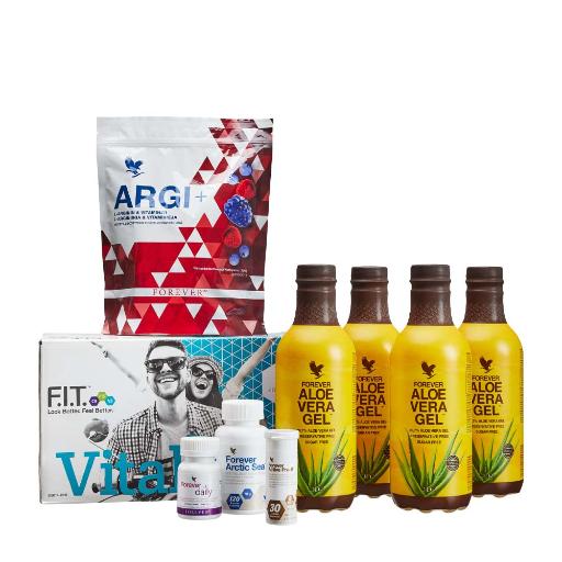 Stor eske med Vital5-settet fra Forever hos Økohjørnet.no – inneholder Aloe Vera Gel, Arctic Sea, Daily, ARGI+ og Active Pro-B.