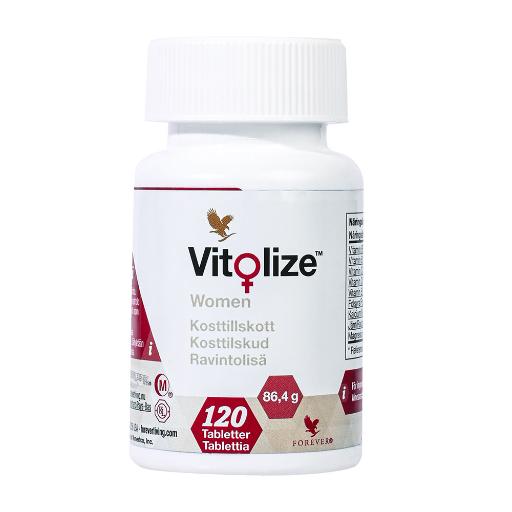 Rød og hvit boks med Vitolize Women tabletter – kosttilskudd for kvinnens hormonbalanse, energi og immunforsvar hos Økohjørnet.no.