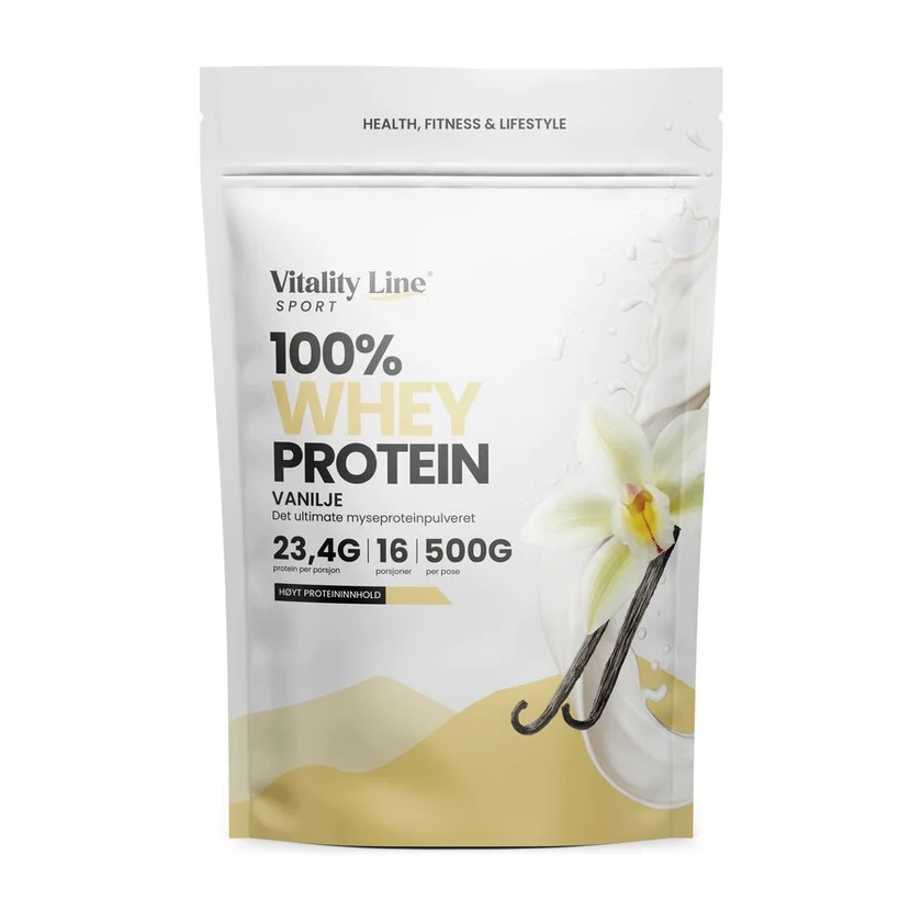 Pose med Vitality Line Sport 100% Myseprotein Vanilje, 500 g. Et rent og allsidig whey protein for økt muskelmasse og optimal restitusjon.