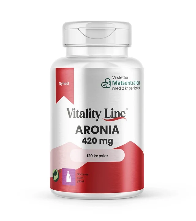 Alt-tekst til bilde: "Boks med Vitality Line Aronia 120 veganske kapsler. Et naturlig kosttilskudd med svartsurbær, spesielt rikt på antioksidanter for å støtte immunforsvaret.