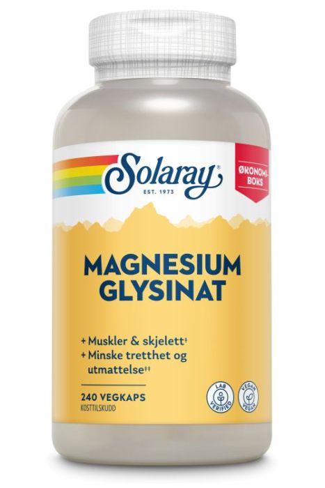 Boks med Solaray Magnesium Glysinat, 240 veganske kapsler. Høyopptakelig magnesiumtilskudd for normal muskelfunksjon, energi og nervesystem.