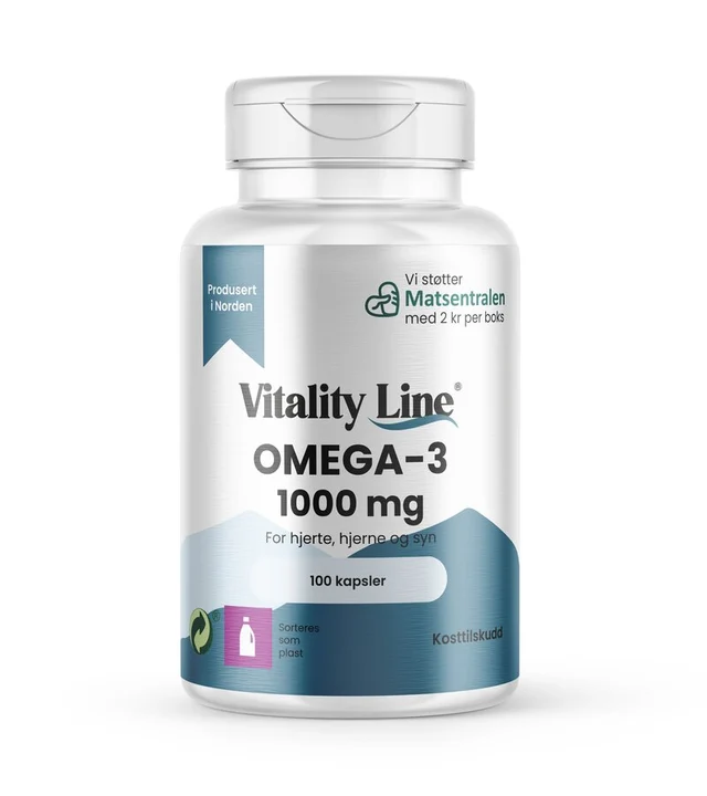 Boks med Vitality Line Omega-3 1000 mg fiskeolje, 100 kapsler. Et rent og høykonsentrert kosttilskudd for hjerte, hjerne og syn.