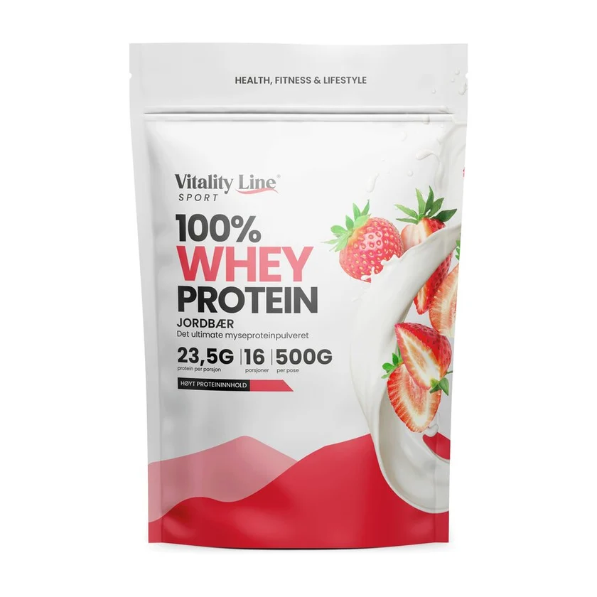 Pose med Vitality Line Sport 100% Myseprotein Jordbær, 500 gram. Velsmakende whey protein for effektiv muskelbygging og rask restitusjon etter trening.
