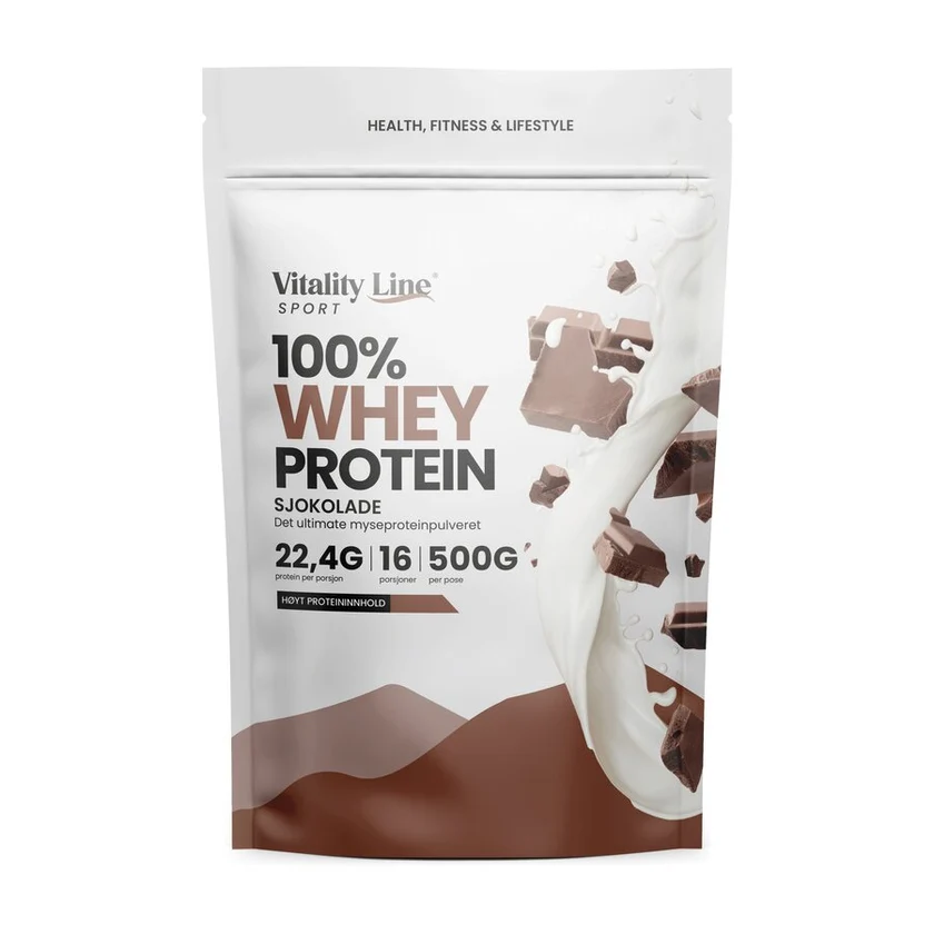 Pose med Vitality Line Sport whey protein sjokolade, 500 g. Velsmakende sjokoladeprotein for styrketrening, restitusjon og muskelvekst.