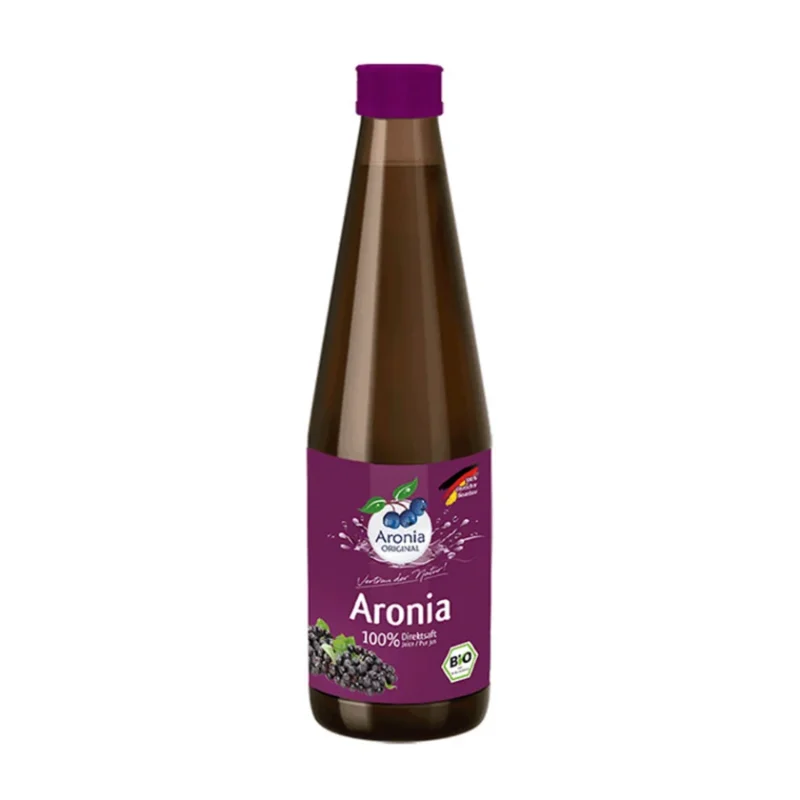 Flaske med Aronia Original 330 ml, en 100 % økologisk og ferskpresset juice av svartsurbær.