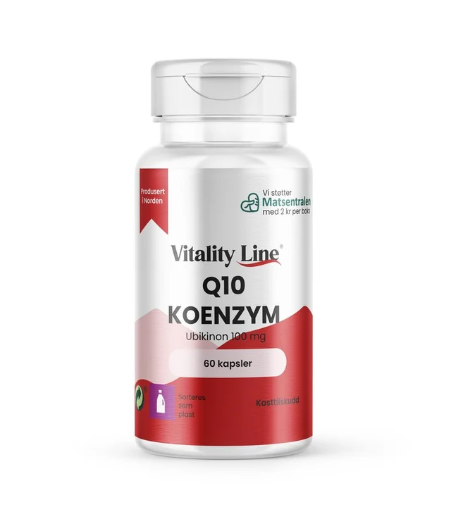 Boks med Vitality Line Q10 100 mg, 60 veganske kapsler. Høykonsentrert koenzym Q10 for naturlig energiproduksjon og cellebeskyttelse.