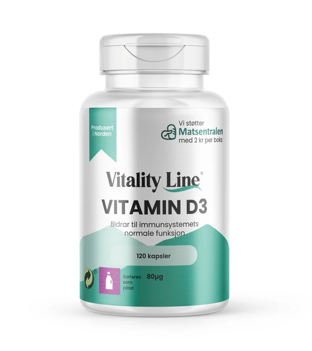 Boks med Vitality Line Vitamin D3 80 µg, 120 kapsler oppløst i MCT-olje. Høydosert kosttilskudd for immunforsvar, muskler og sterke knokler.