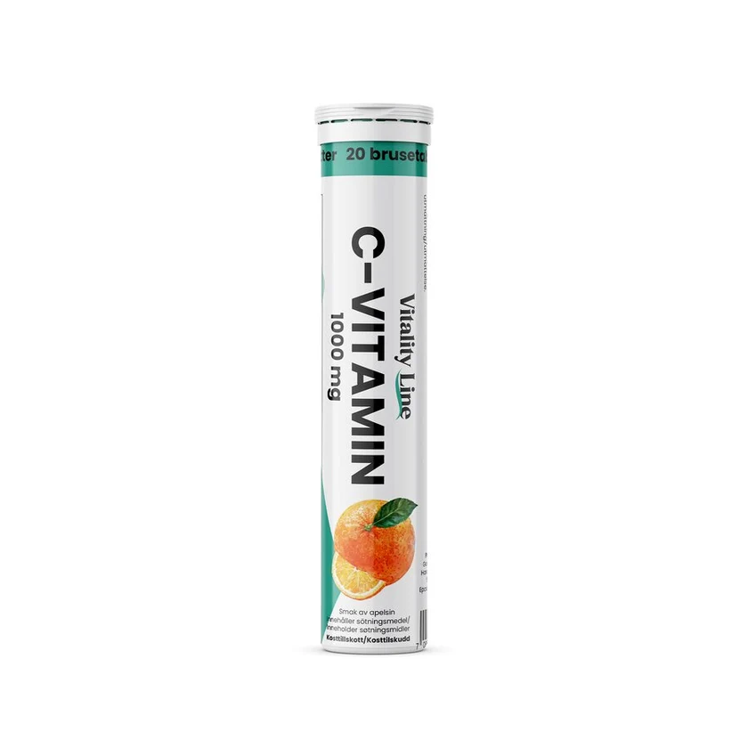 Rør med Vitality Line C-vitamin brusetabletter med appelsinsmak, 20 stk. Vegansk, sukkerfritt og hurtigoppløsende tilskudd med 1000 mg vitamin C