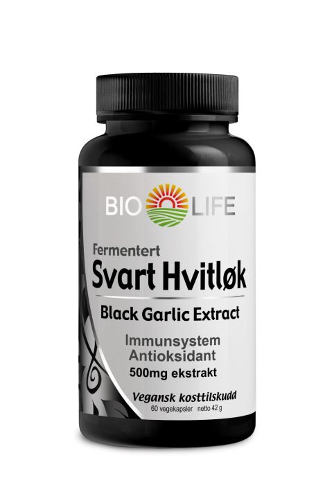 Boks med Bio Life Fermentert Svart Hvitløk, 60 veganske kapsler med høykonsentrert hvitløksekstrakt og polyfenoler.