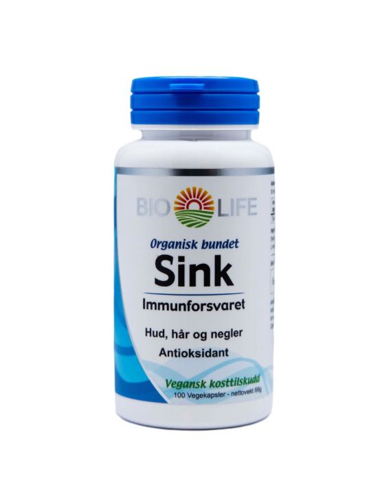 Alt-tekst til bilde: "Boks med Bio Life Sink, 100 kapsler. Et lettopptakelig og organisk bundet sinktilskudd for immunforsvar, hud, hår og negler.