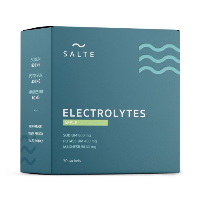 Alt-tekst til bilde: "Boks med SALTE Elektrolytter Apple, 30 porsjonsposer. Sukkerfritt elektrolyttpulver med frisk eplesmak for optimal hydrering og væskebalanse.