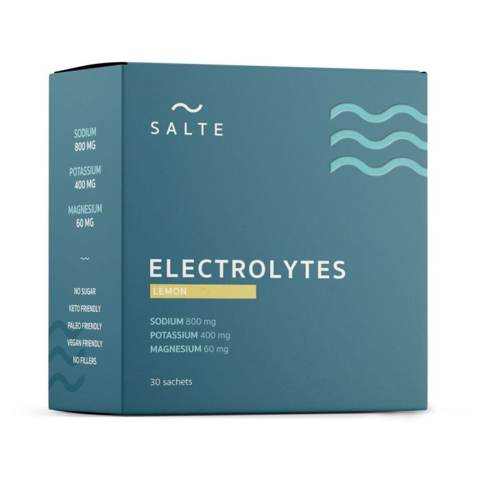 Boks med SALTE Elektrolytter Lemon, 30 porsjonsposer. Sukkerfritt elektrolyttpulver med frisk sitronsmak for optimal hydrering og væskebalanse.