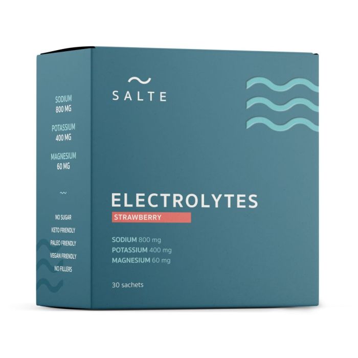 Eske med SALTE Elektrolytter vannmelon, 30 porsjonsposer. Sukkerfri og høykonsentrert elektrolyttblanding med frisk smak for optimal hydrering