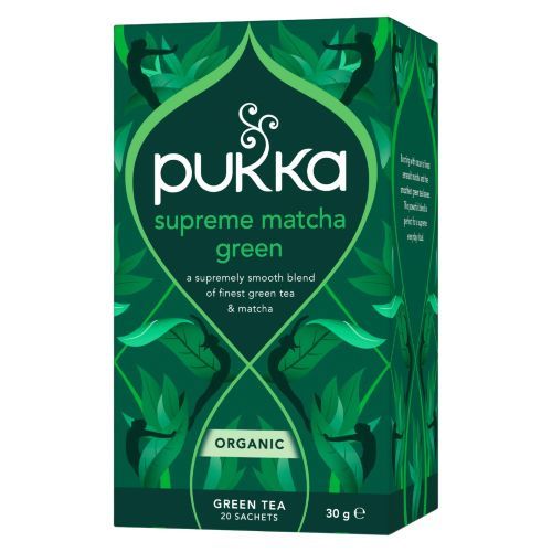 Boks med Pukka Supreme Matcha Green, 20 økologiske og komposterbare teposer med grønn te og matcha.