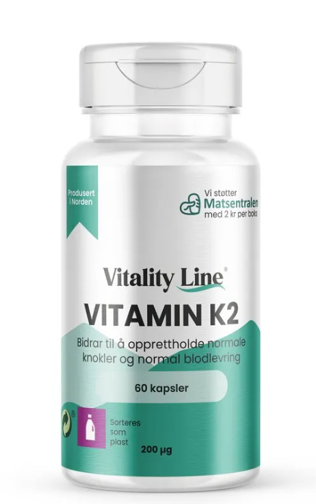 Boks med Vitality Line Vitamin K2, 60 kapsler med 200 µg K2-vitamin for normal benbygning og skjelett