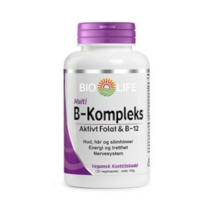 Boks med Bio Life Multi B-Kompleks, 120 kapsler. Et komplett og bredspektret B-vitamintilskudd med magnesium og urter.
